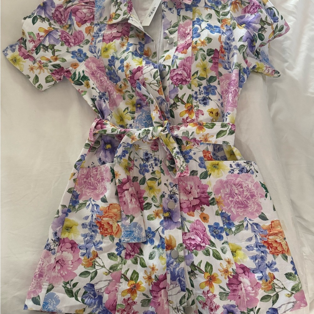 Floral white denim Dress with Belt